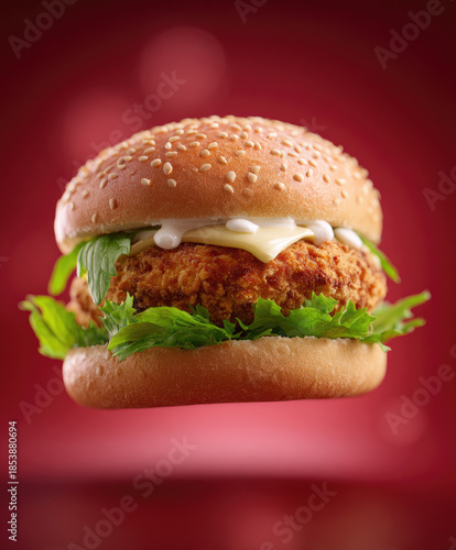 Crispy chicken sandwich with lettuce and cheese floating on red background