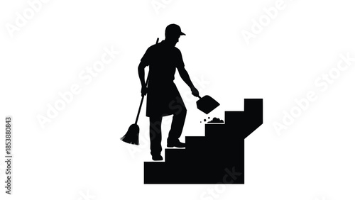 Silhouette of a janitor sweeping debris with a dustpan and broom up a set of stairs