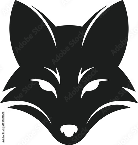 Black fox head silhouette vector graphic with sharp ears and intense eyes animal