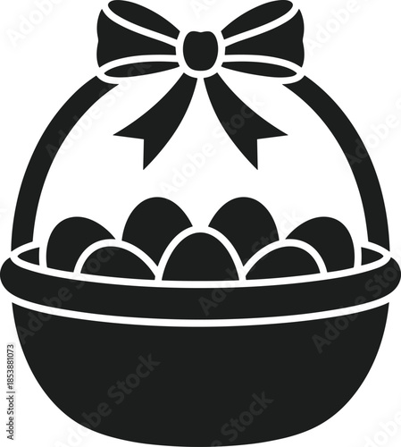 Black silhouette of a basket filled with eggs and adorned with a bow white