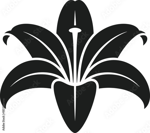 Black lily silhouette vector graphic with six petals and stamen flower