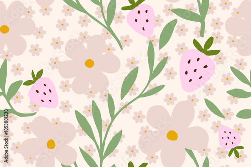 A cute seamless pattern with soft flowers, green leaves, and pink strawberries on a warm cream background, creating a sweet, playful, and cozy design.