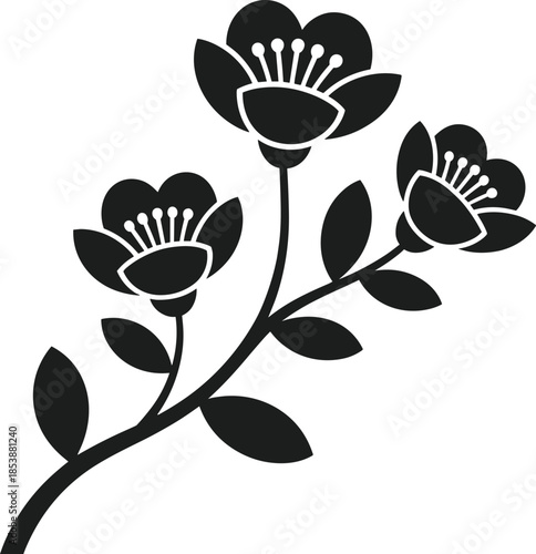 Black silhouette of a blooming branch with three flowers and leaves on a white background floral