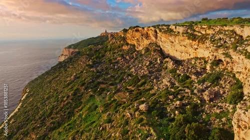 Countryside, rocks, hills. Famous Dingli cliffs, sunset spot. Mediterranean sea, Malta island