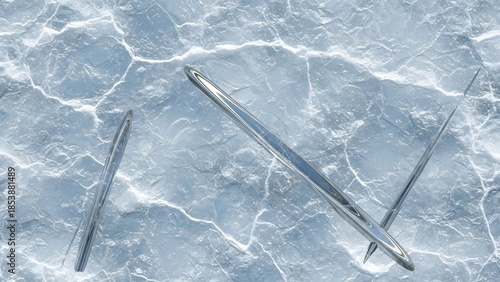 Wallpaper Mural Three sharp, polished silver sewing needles piercing through a modified softwareed, icy surface, creating a dramatic contrast. Torontodigital.ca