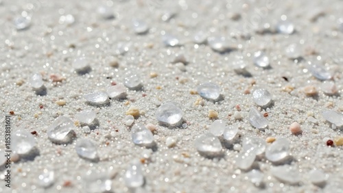 Wallpaper Mural Translucent, water-like droplets scattered across a coarse, light-colored sandy beach with small shell fragments. Torontodigital.ca