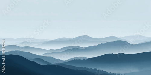 Smooth gradient from a deep navy gray to a light, airy sky gray,Serene gray mountain range landscape peaceful misty view sky art calm haze hills.