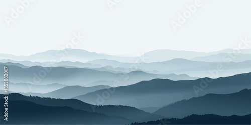 Smooth gradient from a deep navy gray to a light, airy sky gray,Serene gray mountain range landscape peaceful misty view sky art calm haze hills.