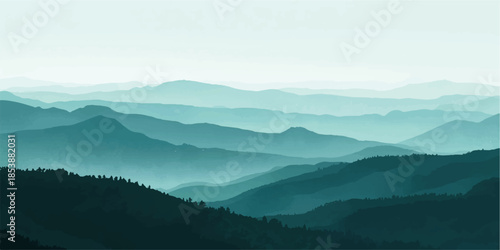 Smooth gradient from a deep navy green to a light, airy sky green,Serene green mountain range landscape peaceful misty view sky art calm haze hills.