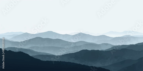 Smooth gradient from a deep navy gray to a light, airy sky gray,Serene gray mountain range landscape peaceful misty view sky art calm haze hills.