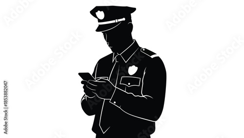 Silhouette of a focused police officer wearing a uniform and using a modern smartphone device