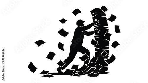 Silhouette of worker struggling to push against a massive overwhelming tower of paperwork and documents