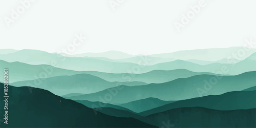 Smooth gradient from a deep navy green to a light, airy sky green,Serene green mountain range landscape peaceful misty view sky art calm haze hills.