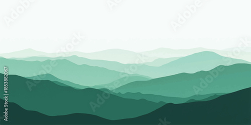 Smooth gradient from a deep navy green to a light, airy sky green,Serene green mountain range landscape peaceful misty view sky art calm haze hills.