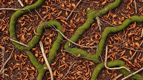 Wallpaper Mural Viintimate apparelnt green moss-covered vines twist and turn across a forest floor carpeted with dry, curled brown leaves and thin twigs. Torontodigital.ca