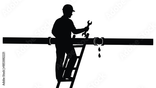 Silhouette of a plumber using a wrench to fix a leaking pipe while standing on a ladder