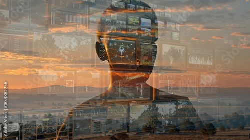 Mindscape of Progress: A thoughtful depiction of an individual, seemingly immersed within a composite of data visualizations, charts, and diagrams.