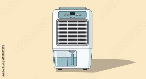Modern white dehumidifier with water tank on beige background.