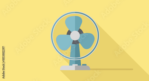 Flat design illustration of a blue electric fan on a yellow background.