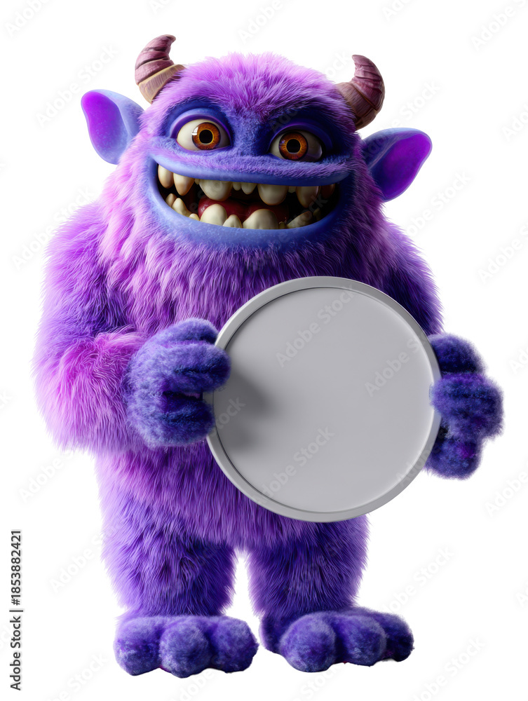 Fototapeta premium Purple furry monster with horns holding a blank circular sign
