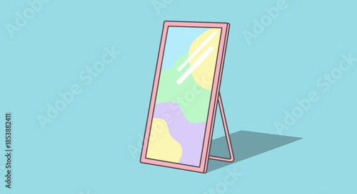A standing mirror with a pink frame is on a pastel background.