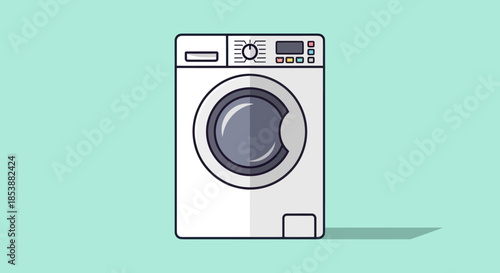 Illustration of a white washing machine on a blue background.