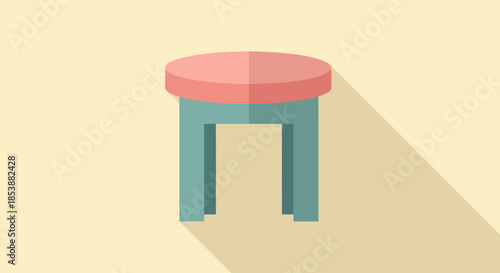 Minimalist stool design with pink seat and blue legs.