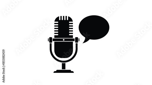 Vintage microphone and speech bubble illustration in stark black silhouette