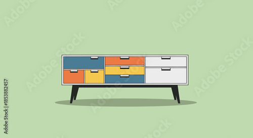 A cabinet with colorful drawers is set against a pale green background.