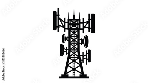 A detailed depiction of a cell tower structure in black silhouette
