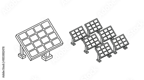 Isometric view of several solar panels in a technical drawing silhouette