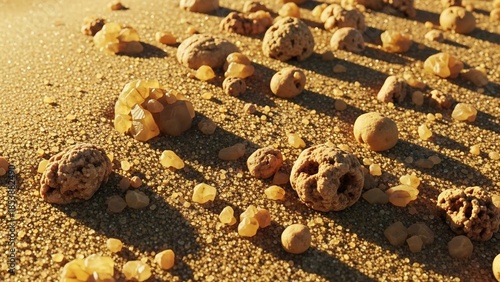 Wallpaper Mural Rough, porous, earthy-toned geological formations scattered across a granular, sandy surface with scattered translucent amber-colored crystals. Torontodigital.ca