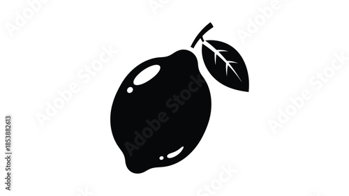 A simple black silhouette of a lemon with a leaf detail silhouette