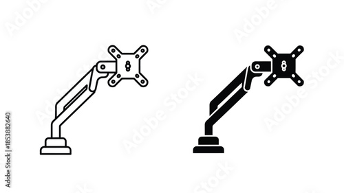 Two adjustable monitor arm designs in linear black and white silhouette