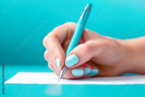 Hand holding teal pen writing on paper with matching nail polish nails
