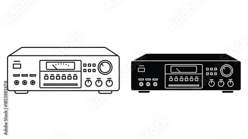 Two stereo systems depicted in a clean graphic black silhouette