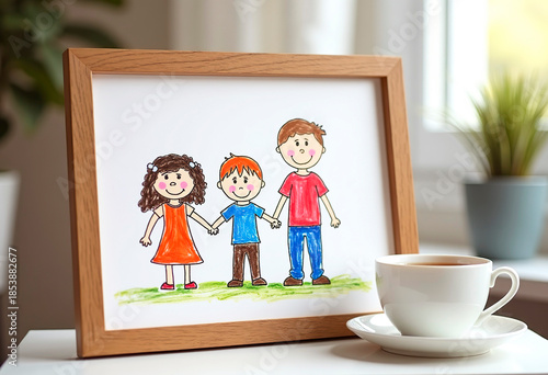 A child's drawing of a family in a wooden frame is on the table, next to it is a cup of tea.