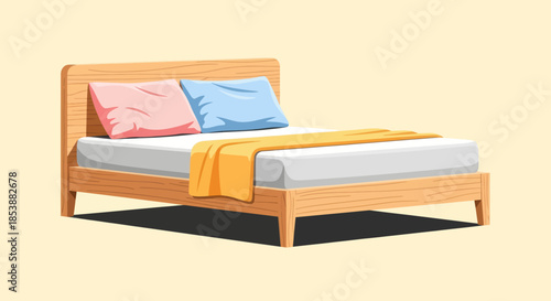 Cozy wooden bed with pillows and a blanket on a light background.