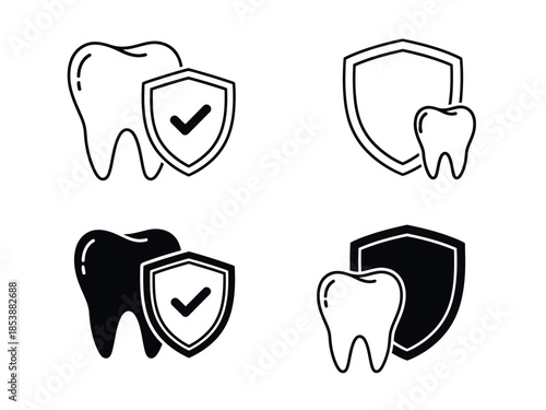 Illustrative icons depict dental health protection with tooth and shield symbols in black and white
