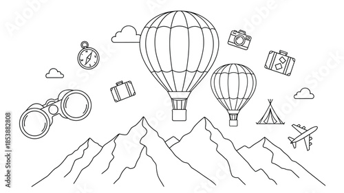 Travel elements with hot air balloons and mountains a whimsical silhouette