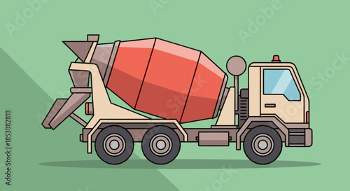 Illustration of a concrete mixer truck on a green background.