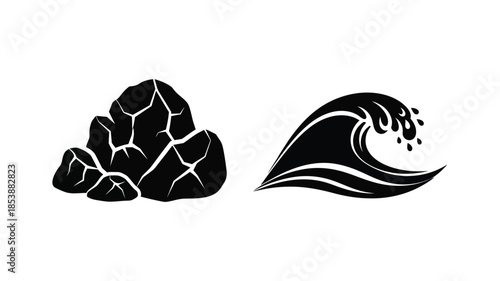 Black rock formation and ocean wave design a striking graphic silhouette