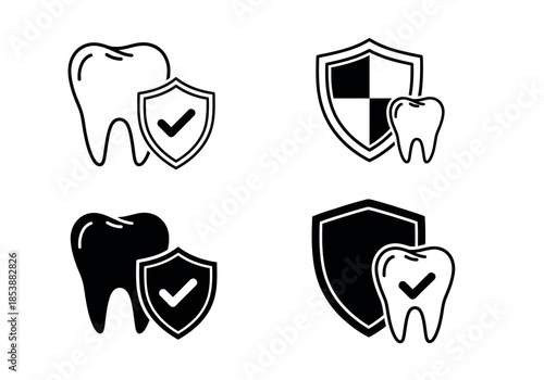 Dental health protection concept featuring teeth and shield icons in contrasting black and white designs