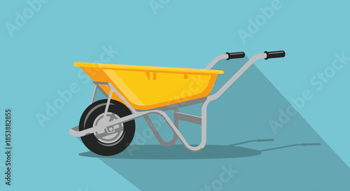A yellow wheelbarrow on a blue background.