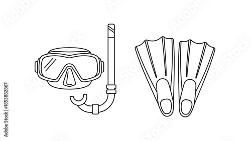 Diving equipment illustration featuring goggles snorkel and fins silhouette