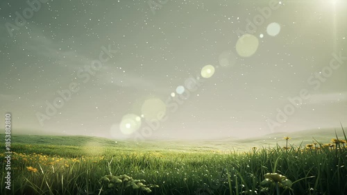 Lush green landscape with soft sunlight and gentle lens flares  