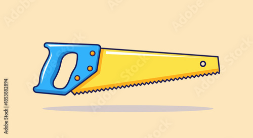 A colorful cartoon of a hand saw on a light background.