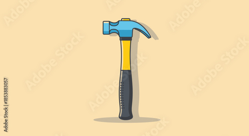 Blue and yellow claw hammer on a pale yellow background