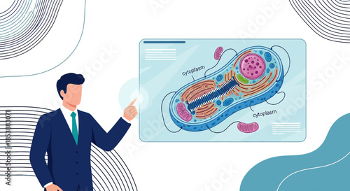 Modern science presentation with a cell illustration showcasing detailed biological components
