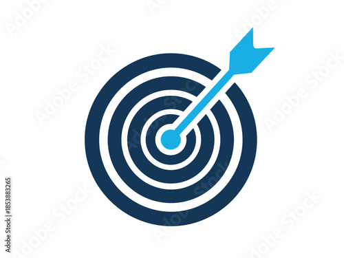 A blue arrow precisely hitting the center of a dark blue target symbolizing accuracy high quality